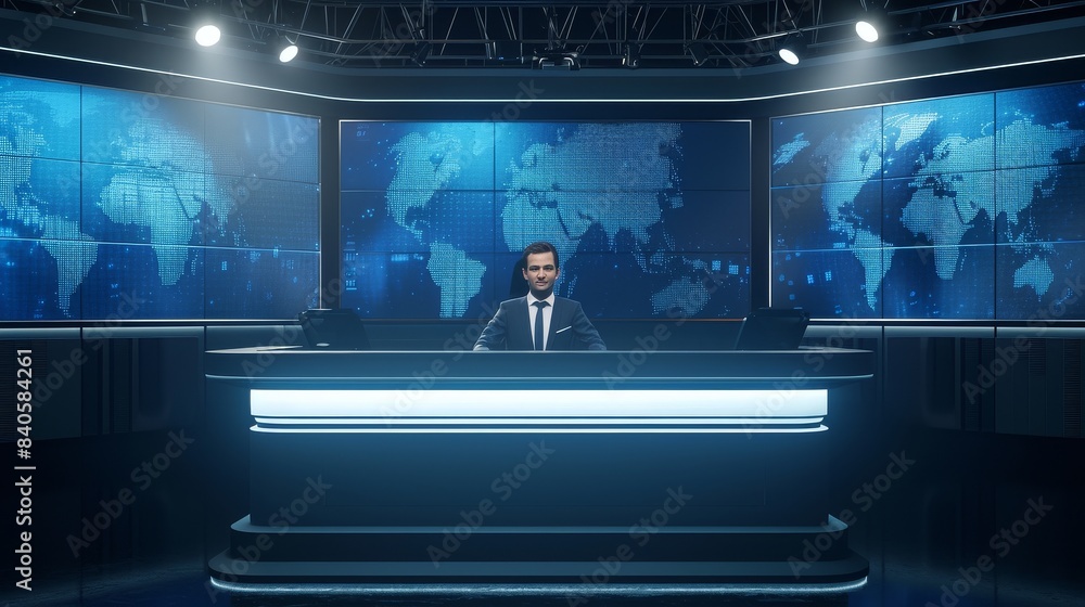 Fototapeta premium Professional news anchor sitting behind a sleek news desk in a modern news studio