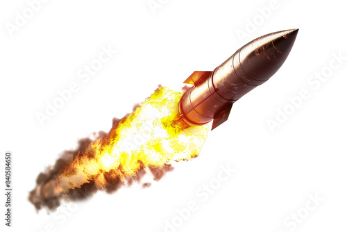 An isolated image showcasing a ballistic missile launching from the ground, with fiery exhaust trailing behind it. Isolated image for design.