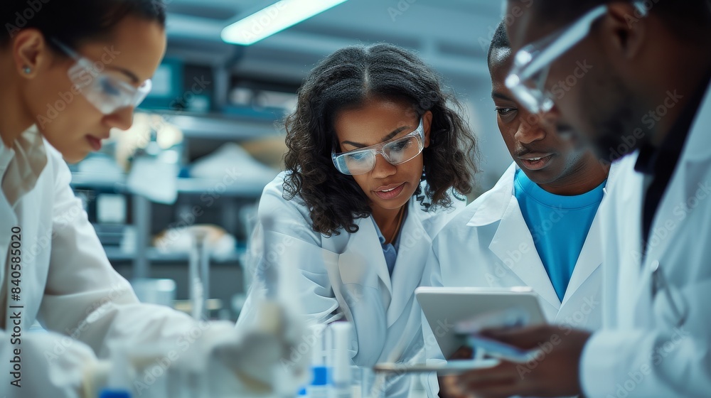 A team of medical scientists in a modern laboratory discusses and uses a digital tablet to analyze innovative biomarker research data A team of medical scientists in a modern laboratory discusses and uses a digital tablet to analyze innovative biomarker research data