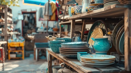 secondhand household objects at flea market sustainable zero waste lifestyle thrift store photo