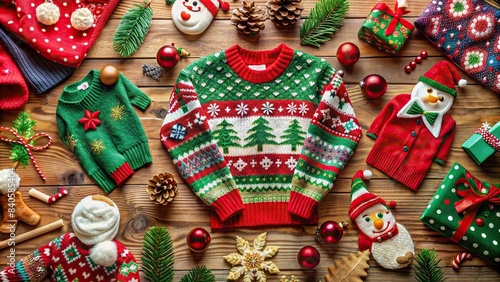 Holiday sweater themed flat lay with ugly sweaters and props, Christmas, winter, festive, humor, quirky, seasonal, tradition, apparel, clothing, knitwear, design, garish, patterned, tacky photo