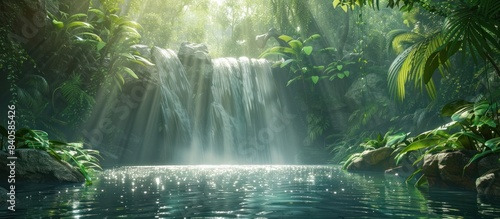 Captivating Waterfall Cascading Into Pristine Tropical Rainforest Pool   Serene natural scenery with lush foliage dappled sunlight and a tranquil
