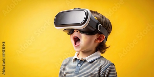Child wearing VR glasses in awe of technology on yellow background , VR, glasses, child, admiration, gadget, technology, virtual reality, wonder, yellow, background, innovation, futuristic photo
