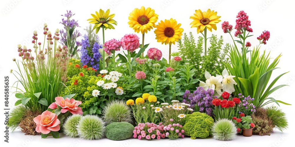 Various types of flowers, grass, bushes, shrub, and small plants isolated, floral, nature, garden, greenery, botanical, meadow, bloom, flora, vegetation, landscape, colorful, organic