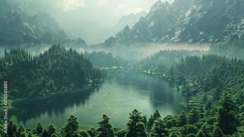 serene aerial view of mountain lake surrounded by towering trees fantasy landscape digital art