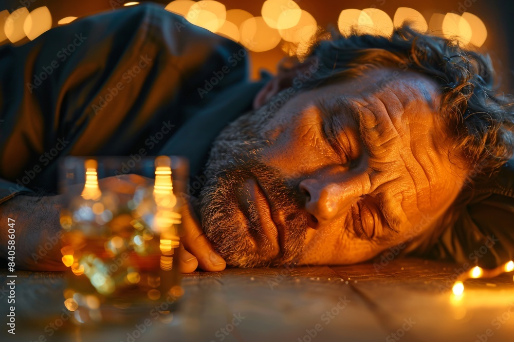 Intoxicated man lying on ground with alcohol bottle Intoxicated man lying on ground with alcohol bottle