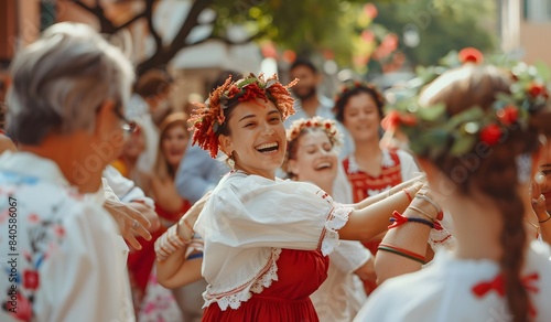 Traditional Italian folk dance, with a group dancing in red and white in the street with laughing women wearing wreaths on their heads