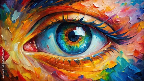 Colorful abstract oil painting of an eye, created with a palette knife on canvas , Fluorite, abstract, oil painting, eye, colorful, palette knife, closeup, artistic, texture, vibrant