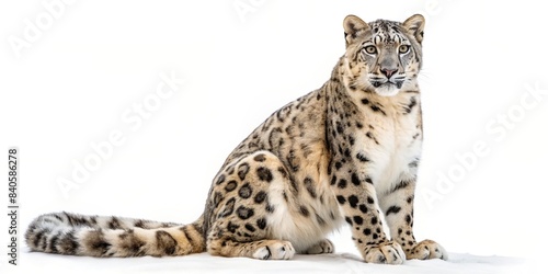 Snow Leopard sitting gracefully on a white background, snow leopard, white background, wildlife, feline, majestic, endangered species, predator, beautiful, camouflage, nature photo