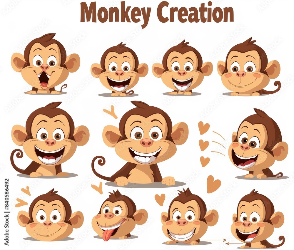 A monkey animal character creation modern set with editable eyes and mouths. Editable characters with different emotions and expressions for wildlife cartoons. Modern illustrations. A monkey animal character creation modern set with editable eyes and mouths. Editable characters with different emotions and expressions for wildlife cartoons. Modern illustrations.