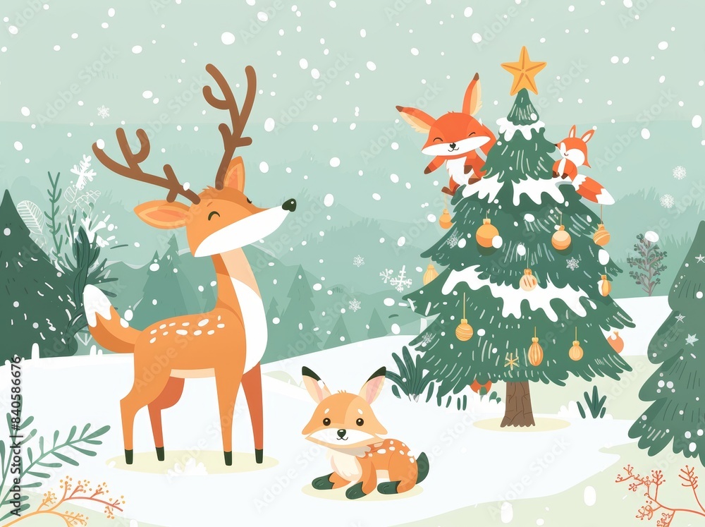 An adorable scene of animals around a Christmas tree in a snowy landscape An adorable scene of animals around a Christmas tree in a snowy landscape