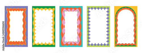 Wave scalloped edge border. Multicolored template for social media. Frames with groovy elements. Geometric abstract background. Hand drawn vector illustration
