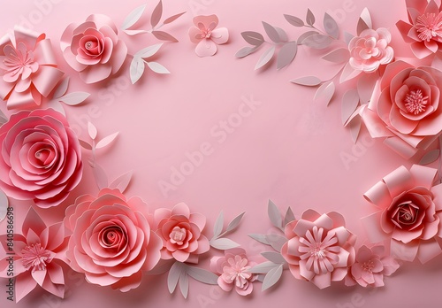 Pink floral background with paper flowers and leaves on a pink pastel colored surface in a flat lay top view. Concept for a wedding invitation card, Valentine's day greeting banner
