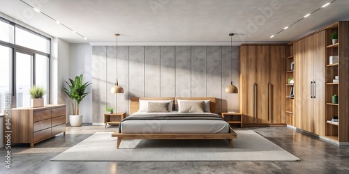 Modern bedroom with white walls, concrete floor, king size bed, and wooden wardrobe , interior design, minimalistic, contemporary, sleek, luxury, comfortable, spacious, serene, elegant photo