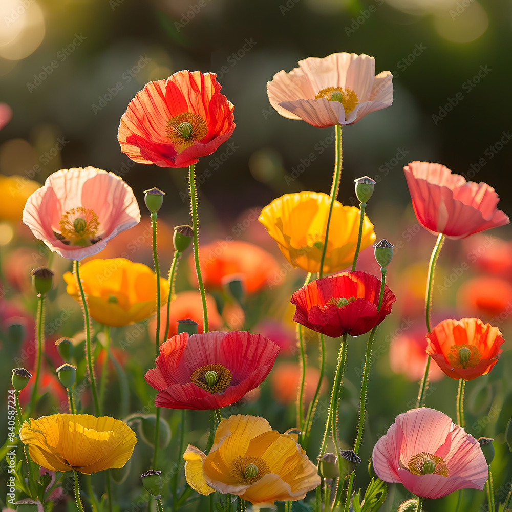 Fototapeta premium poppy flowers in the field with sunlight