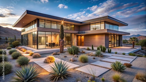 Contemporary desert home exterior with clean lines, floor-to-ceiling windows, and xeriscaping, desert, home, exterior, contemporary, clean lines, windows, xeriscaping, architecture photo