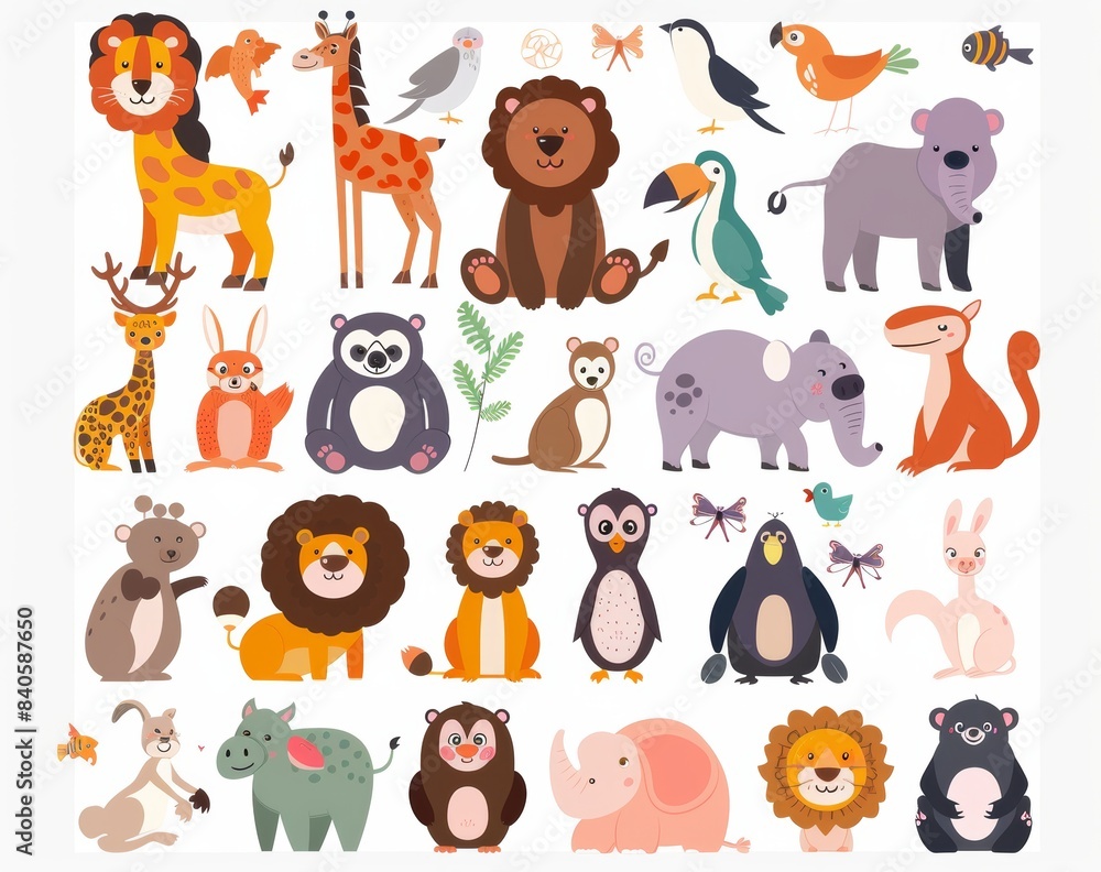 Modern set of cartoon animals with forest, tropical, and sea animals. Modern set of cartoon animals with forest, tropical, and sea animals.