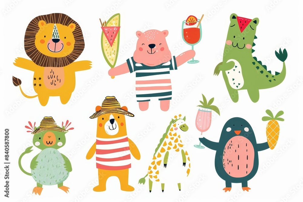 A set of cute funny summer animals with hats, sunglasses, and watermelon. Hand drawn modern illustration. Scandinavian style flat design. Children's book concept. A set of cute funny summer animals with hats, sunglasses, and watermelon. Hand drawn modern illustration. Scandinavian style flat design. Children's book concept.