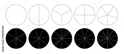 Segmented circles isolated on a white background. A different number of sectors divides the circle into equal parts. Vector