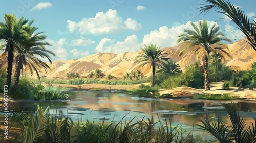 serene desert oasis with rolling hills palm trees and a tranquil pond digital concept illustration