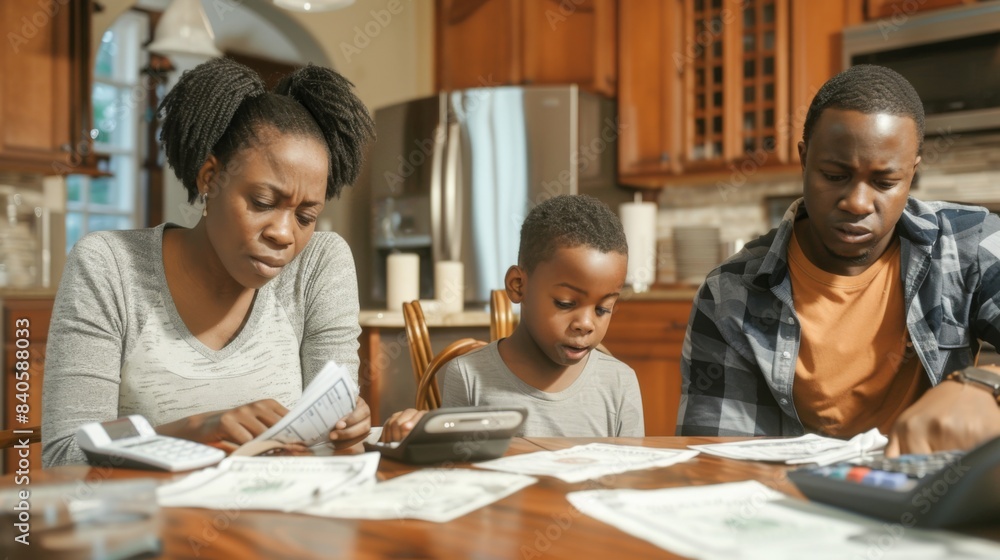 Family at Kitchen Table with Overdue Bills and Calculators Highlighting Financial Stress Family at Kitchen Table with Overdue Bills and Calculators Highlighting Financial Stress