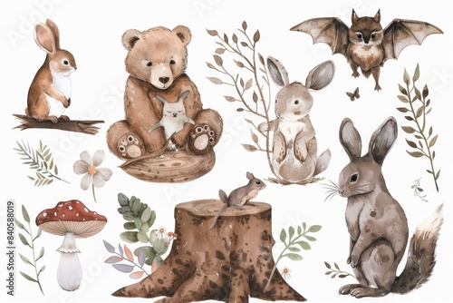This modern set features cute baby deer, wolf, squirrel, elk, fox, bat, elk, mouse, and bear safari animals. The illustration is hand drawn in watercolor. photo
