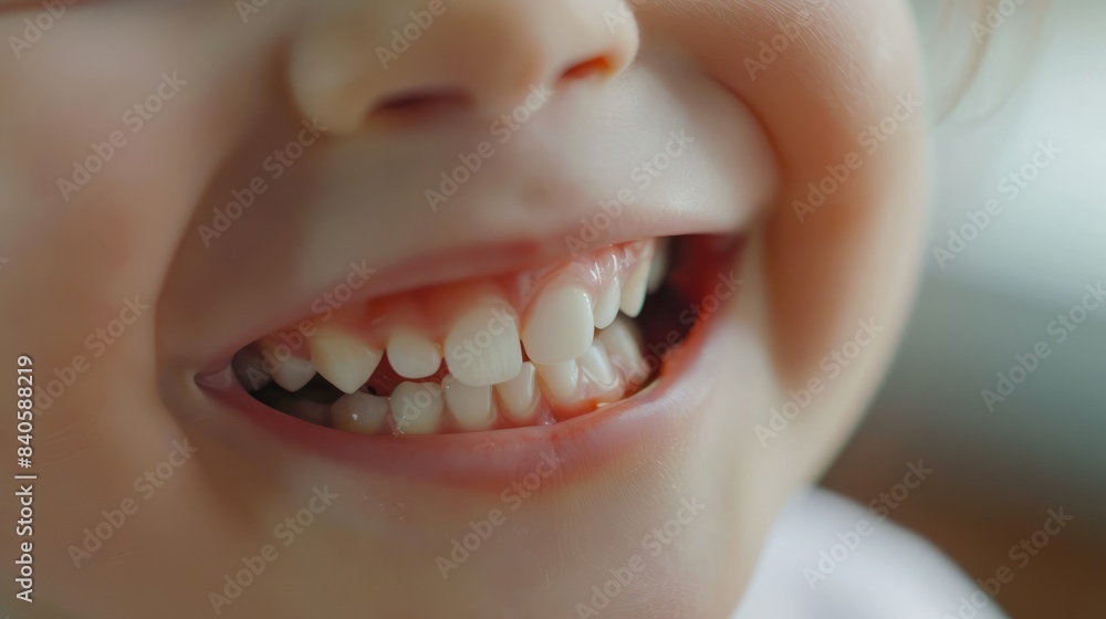 Fototapeta premium A happy child shows off his bright white smile after visiting the dentist. Concept for the development of dental clinics for children. 