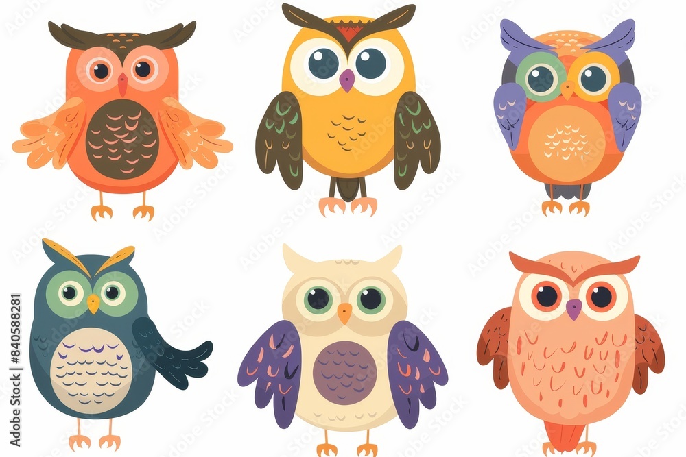 Cute cartoon owls set with colorful owlets, modern illustration of adorable owlets Cute cartoon owls set with colorful owlets, modern illustration of adorable owlets
