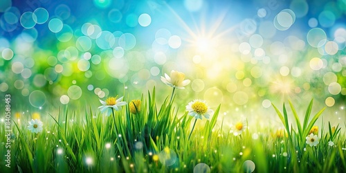 Beautiful spring meadow with green grass and blue sky, abstract background with light bokeh, spring, meadow, green grass, blue sky, abstract, background, bokeh, nature, sunny, beautiful