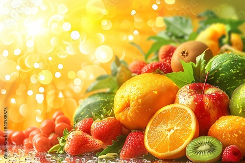 Various fruits and veggies spread out on table