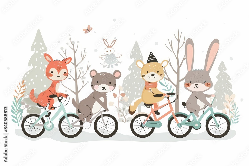 Design for kids with wild animals cycling in nature with rain, sun, grass, wolves, rabbits, moose, hedgehogs and foxes. Modern flat nursery art with forest animals. Design for kids with wild animals cycling in nature with rain, sun, grass, wolves, rabbits, moose, hedgehogs and foxes. Modern flat nursery art with forest animals.