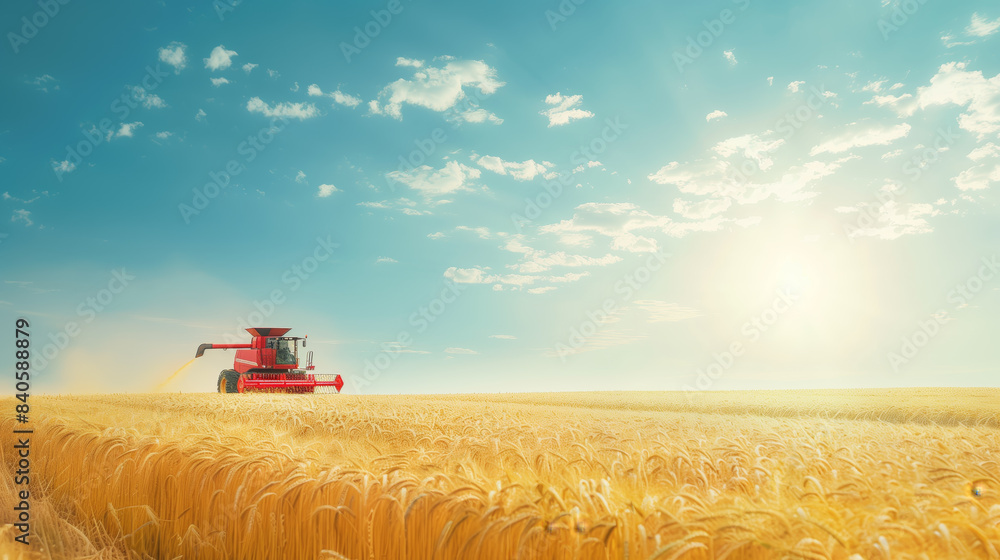 Fototapeta premium A red combine harvester working in a vast golden wheat field under a bright blue sky with scattered clouds. 