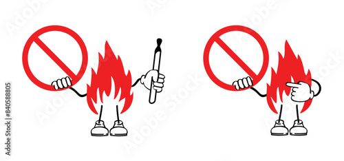 Ablaze mascot, flame with burning hot sparks. Matches, matchstick, lucifer logo. Smoking, fire or flame icon. Match lighted icon. No flames allowed. Stop, do not open fire sign. Matchsticks