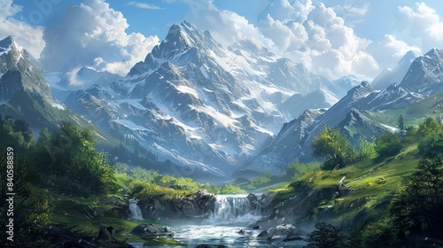 Serene mountain landscape: Illustrate the majestic beauty of a serene mountain landscape.