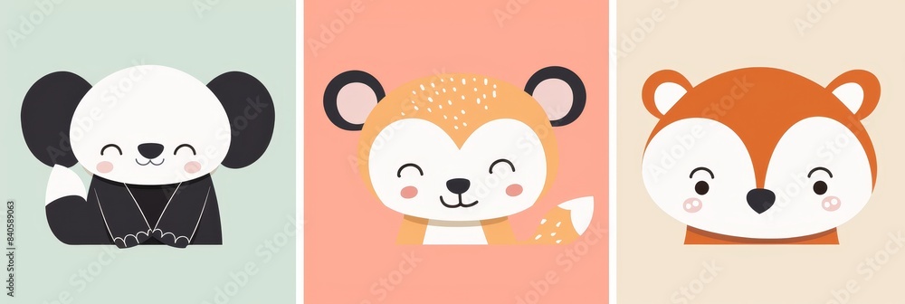 Modern sketches of a fox, elephant, and panda for baby rooms, baby showers, greeting cards, and kids t-shirts. Set of flat cartoon modern illustrations. Modern sketches of a fox, elephant, and panda for baby rooms, baby showers, greeting cards, and kids t-shirts. Set of flat cartoon modern illustrations.