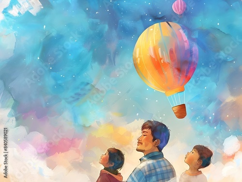 Father and Children Gazing at a Colorful Balloon Soaring High in the Sky Ideal for DreamThemed Message photo