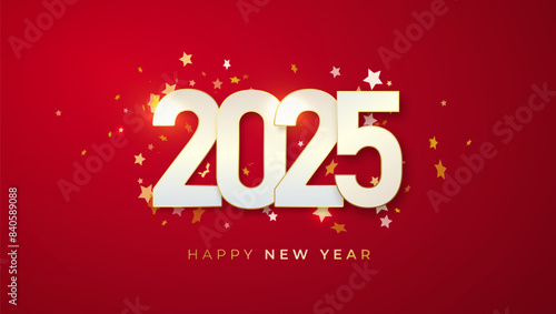 Happy New 2025 Year. Christmas red vector illustration of white numbers 2025 and sparkling golden glitters pattern. Realistic 3d flat sign. Happy New poster or banner design