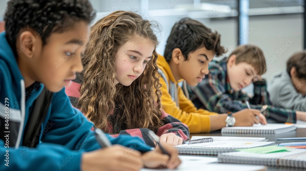 Students participating in a math competition, intensely focused on solving complex problems Students participating in a math competition, intensely focused on solving complex problems