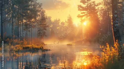 Sunrise over a quiet forest: Illustrate the peaceful beauty of a sunrise over a quiet forest. 