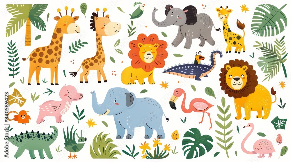 Wild safari animals from the rainforest and savanna. Jungle forest birds, monkey, and snake. African zebra, crocodile, and jaguar moderns. Wild safari animals from the rainforest and savanna. Jungle forest birds, monkey, and snake. African zebra, crocodile, and jaguar moderns.