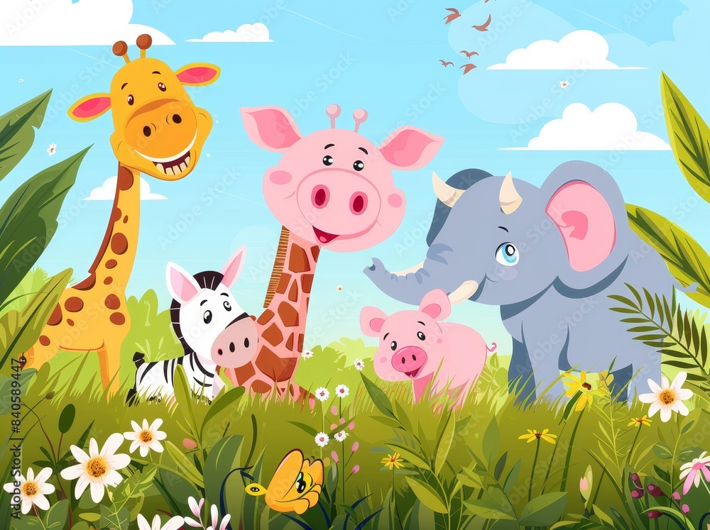 Nature background with funny animal cartoons Nature background with funny animal cartoons