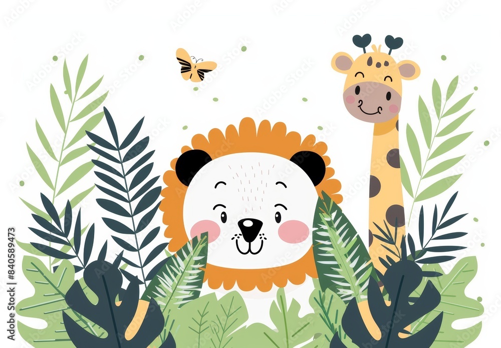 Drawing of baby animal cartoons with floral plants and flowers in modern format Drawing of baby animal cartoons with floral plants and flowers in modern format