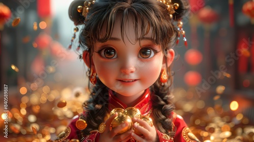 realism of this 3D artwork showcasing a Chinese girl in a majestic red costume, against a background embellished with radiant gold and red rich background.