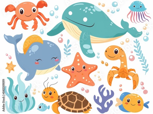 A cartoon sea animal. An ocean creature. Funny fish  a turtle and a dolphin. Cute whales and jellyfish. A lively underwater character. Sea life depicted in modern form.