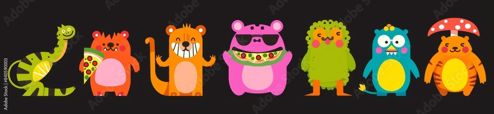 Retro cartoon character set in psychedelic style. This set includes dinosaurs, dogs, mushrooms, and pizza, and is a fun retro cartoon collection. Retro cartoon character set in psychedelic style. This set includes dinosaurs, dogs, mushrooms, and pizza, and is a fun retro cartoon collection.