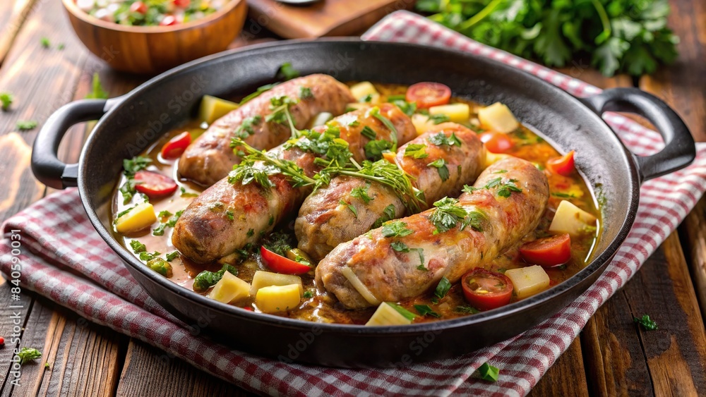 Andouillette served in a pan, representing traditional French cuisine for breakfast, lunch, or dinner , French, food, cuisine, traditional, Andouillette, pan, breakfast, lunch, dinner
