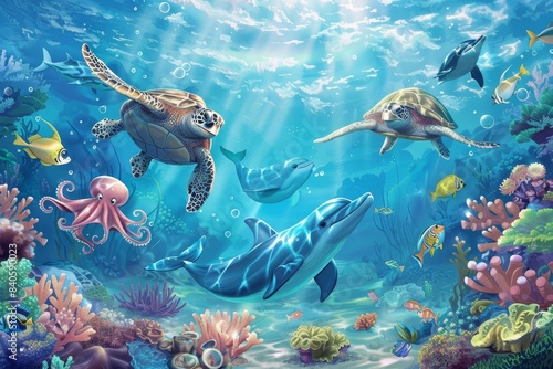 The underwater sea life includes cute sea animals, colorful tropical fish, whales, dolphins, coral reefs, seaweeds, and a seascape with funny sea creatures such as turtles, octopus, starfish, squid,