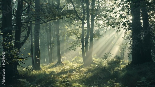 serene misty forest with sunbeams filtering through trees enchanting woodland landscape