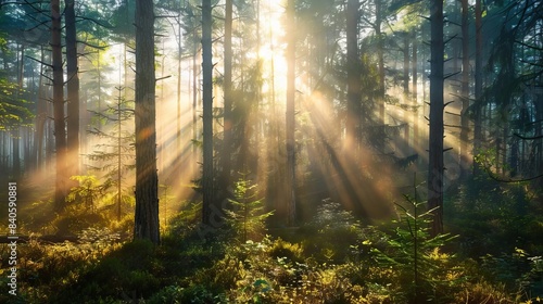 serene morning scene in a misty forest with sunbeams filtering through trees