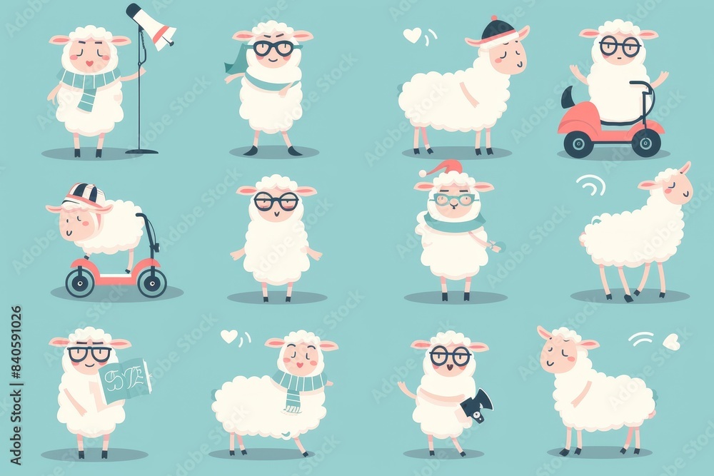 Detailed and colorful modern illustrations with a white background showing a cute sheep character. Detailed and colorful modern illustrations with a white background showing a cute sheep character.